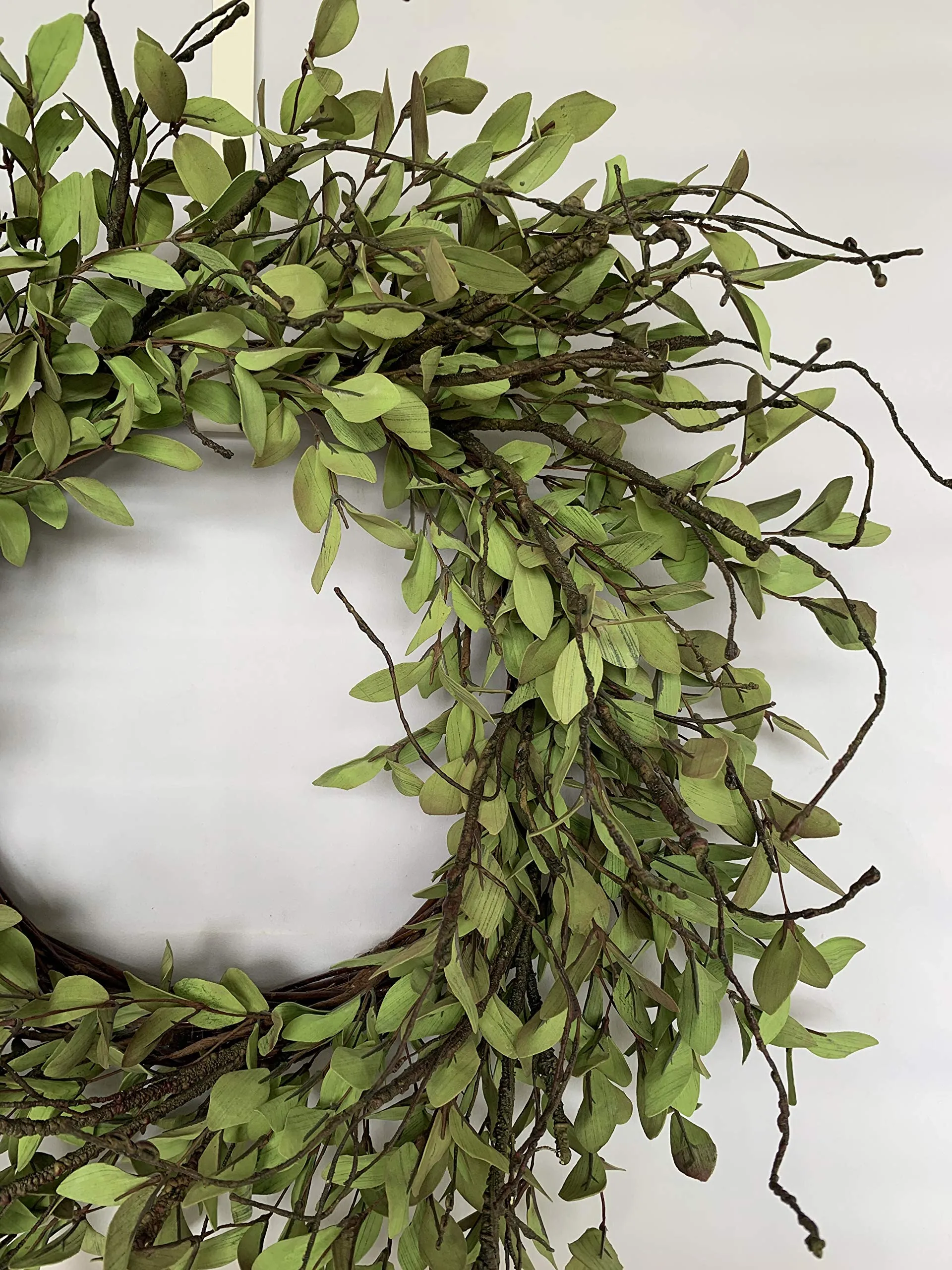 24-Inch Spring Front Door Wreath with Green Tea Leaves Handcrafted Twigs