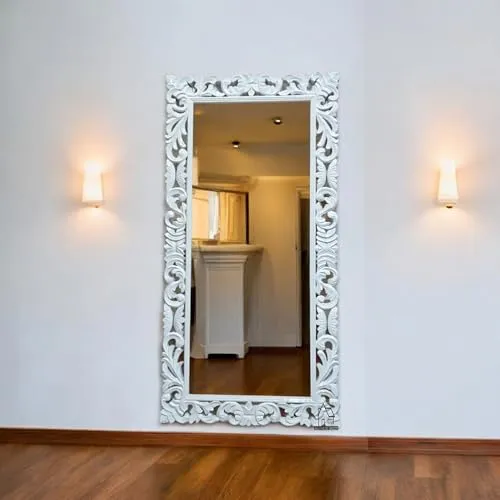 AESTHETIC DECOR Wooden(4x2.5) ft Carved Wall Mirror Frame Solid Mango Wood, | with Out Mirror | Crown Pattern White Deco