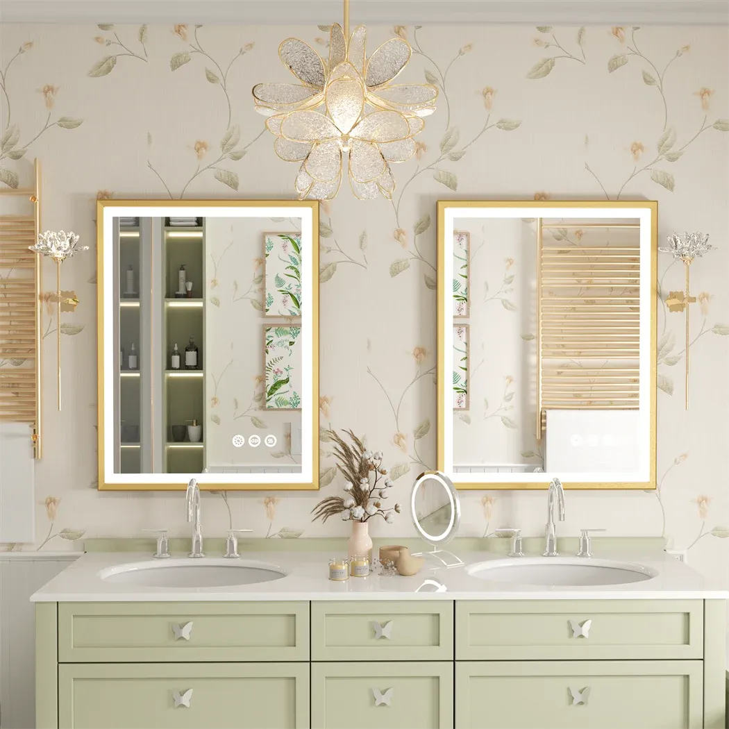 High-end Gold Frame LED Illuminated Bathroom Mirror - Dimmable, Anti-fog