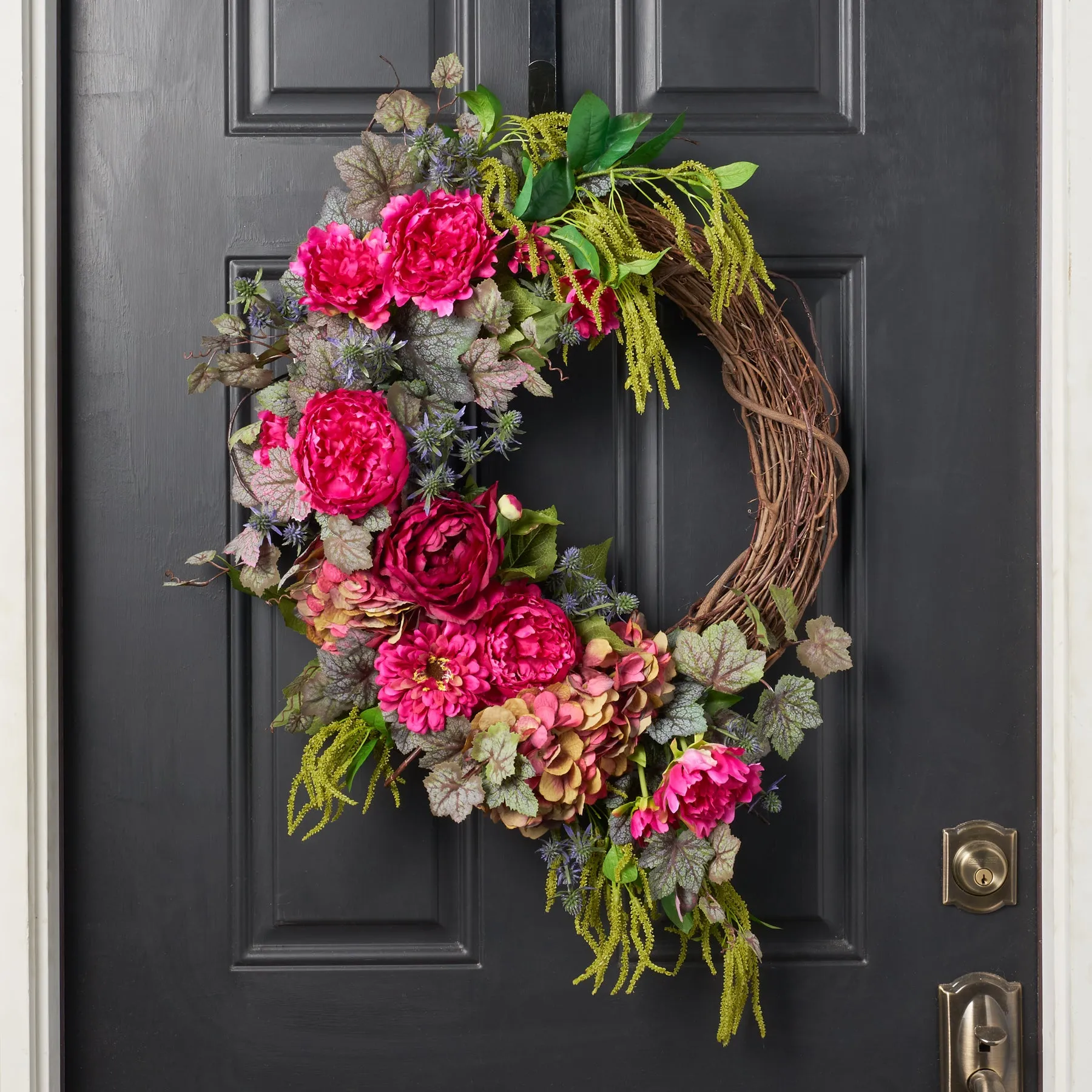 In Full Bloom - Mixed Fuchsia Pink Peony, Hydrangea & Zinnia Asymmetric Spring Summer Front Door Wreath