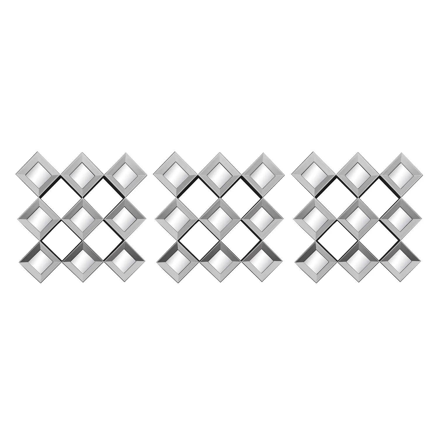 Premius 3 Piece Diamond Shaped Mirror Set Wall Decor, Silver, 10 Inches, 30 Inches Overall